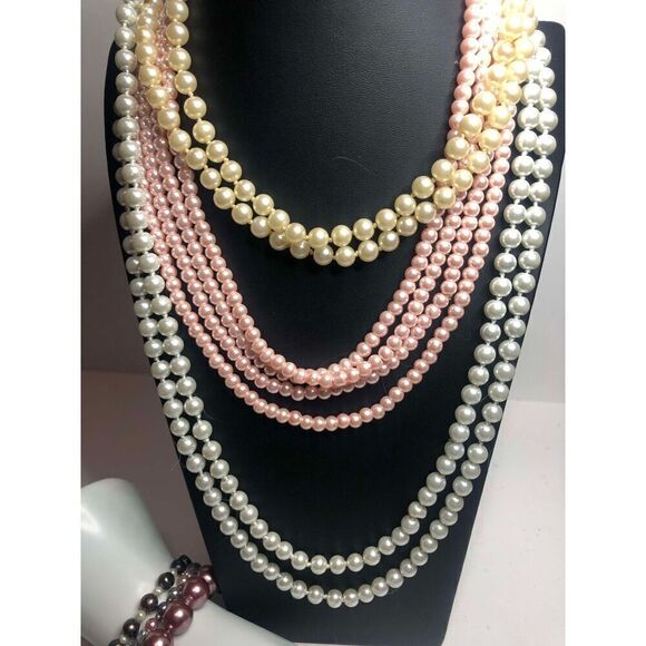 1315 Long Necklace & bracelet 6pc lot faux pearl demure layering White pinkcream - Picture 2 of 3